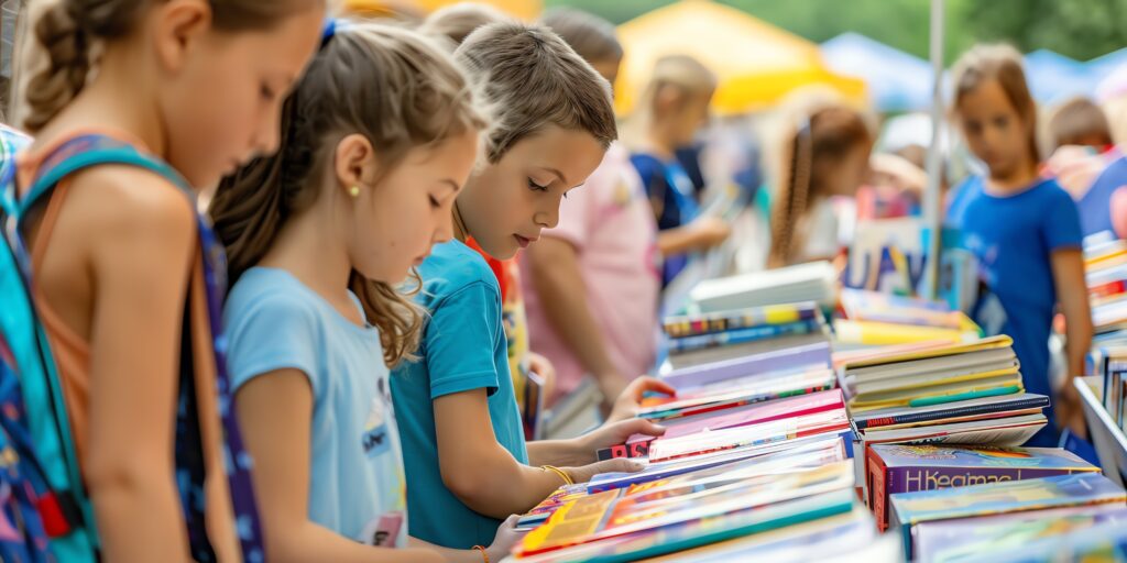 Group of kids enjoying a book fair, exploring and selecting books to read, vibrant and exciting educational activity, promoting literacy